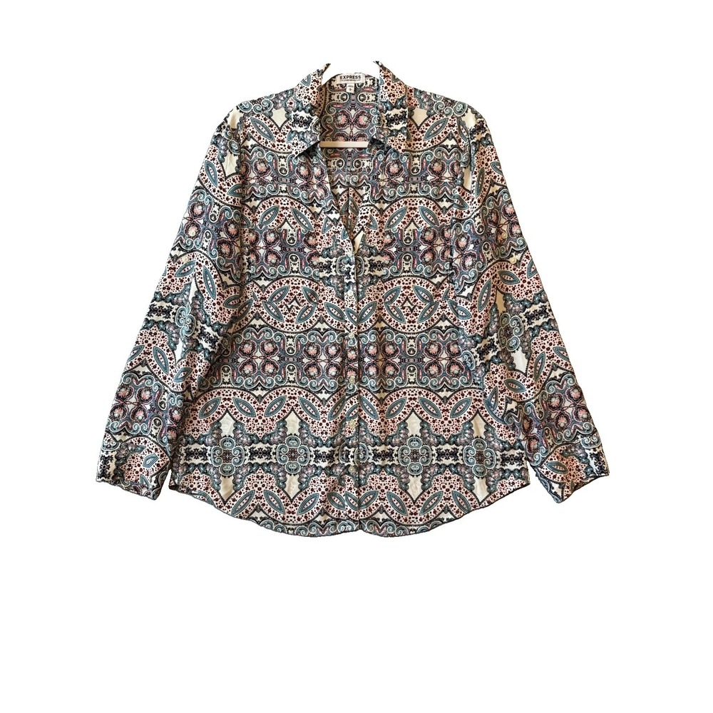 Express The‎ Portofino Shirt L Paisley Geometric Blouse Boho Festival  Button Up